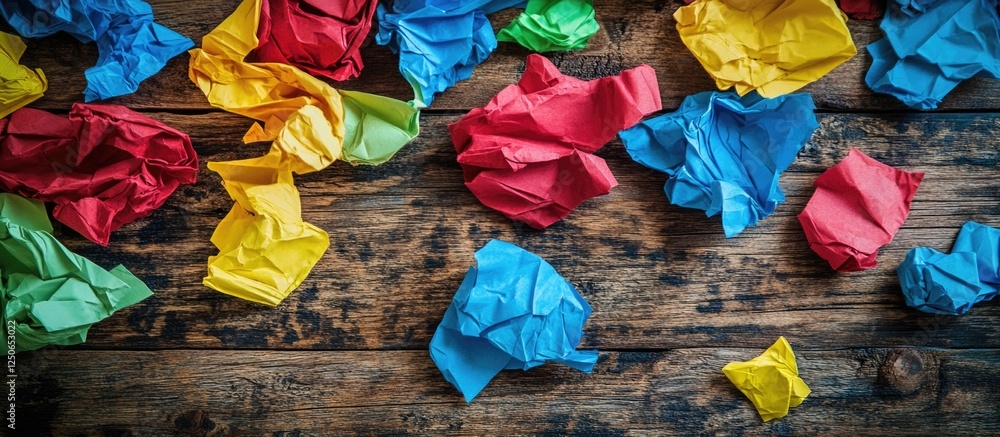 Poster Creative brainstorming concept with crumpled colorful paper on rustic wooden table background