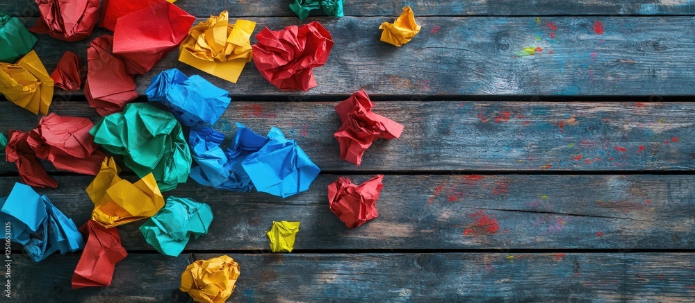 Poster creative brainstorming concept with colorful crumpled paper scraps scattered on rustic wooden table 
