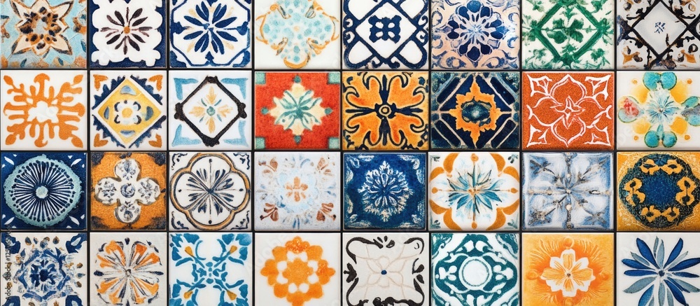 Poster andalusian azulejos tiles pattern colorful decorative background for textures and design inspiration