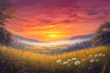 Obraz premium Sunset Meadow Valley Landscape, Sunrise Fog, Idyllic Nature Scene, Peaceful Background