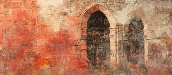 Abstract pastel texture of an aged gothic red brick wall, featuring weathered arched windows and a distressed, rustic background.