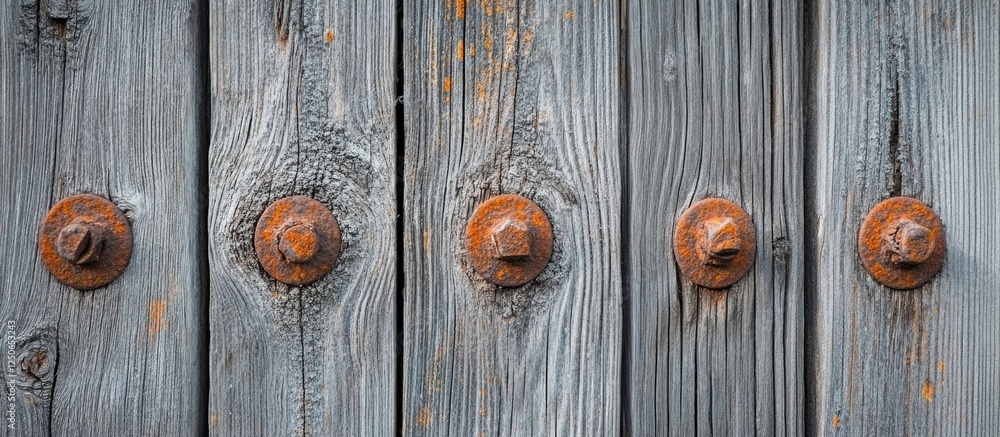 Poster weathered gray wooden planks featuring rusted nails creating a textured rustic background for design