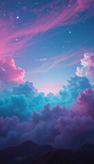 neon pink and deep blue clouds illuminated by ethereal cosmic light, soft glowing mist, and a dreamy starry sky for futuristic and fantasy-themed backgrounds