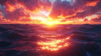 Fiery ocean sunset, dramatic cloudscape, sea waves, travel poster