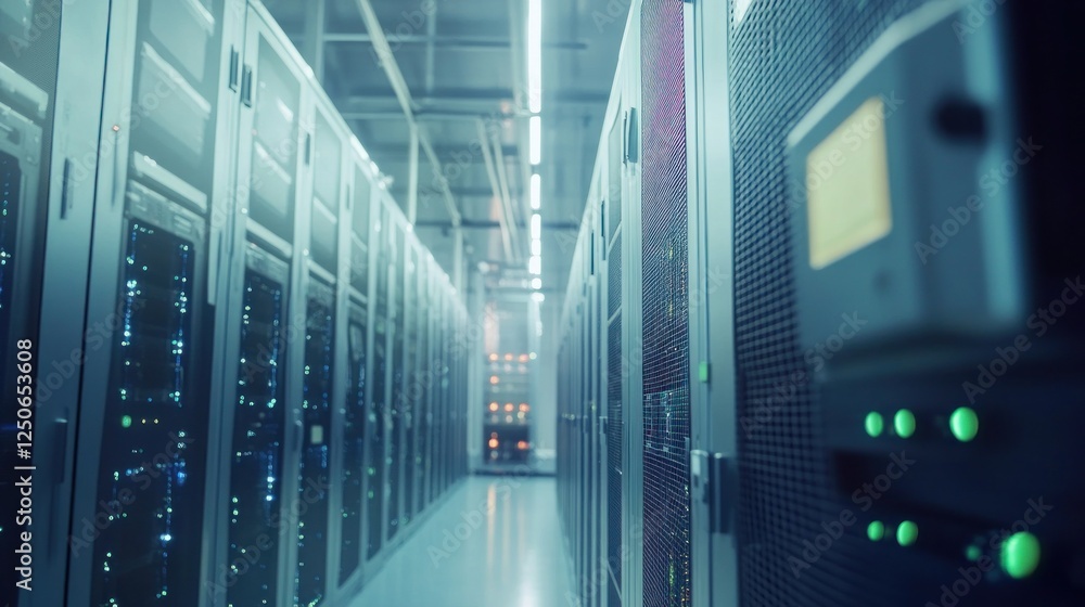 Poster inside a modern data center: server racks and networking infrastructure