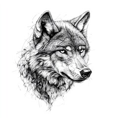 Fototapeta premium Intricate black and white sketch of a wolf's head showcasing fine details and realism.