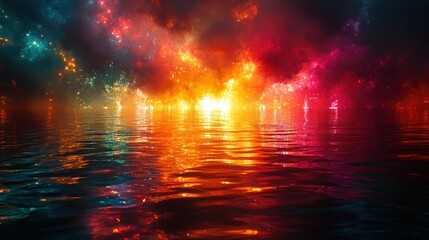 Naklejka premium Colorful nebula reflection, water, night, fantasy, artwork, digital, background, design