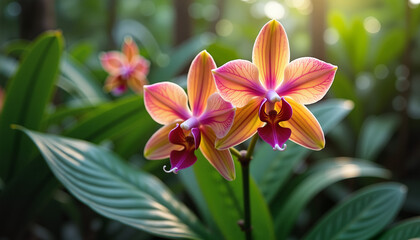 Fototapeta premium Freshly bloomed orchids in a tropical jungle setting