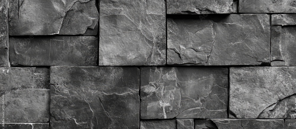 Poster dark textured gray stone wall surface with irregularly shaped blocks and natural veining elements fo