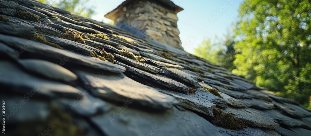 Poster weathered gray slate roofing texture with chimney and greenery in the background creating an atmosph