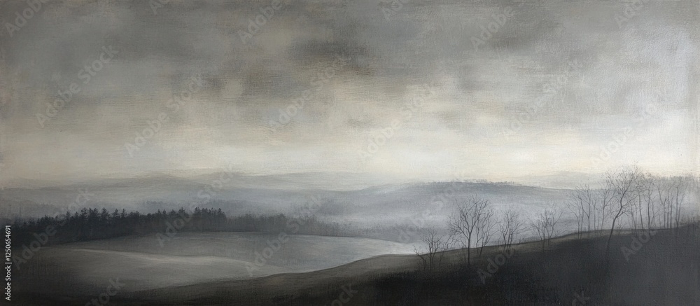 Aufkleber misty landscape under a gray sky with muted clouds and barren trees creating a serene and melancholi