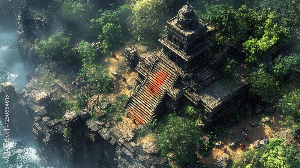 Poster aerial view of an ancient temple surrounded by lush greenery and cliffs.