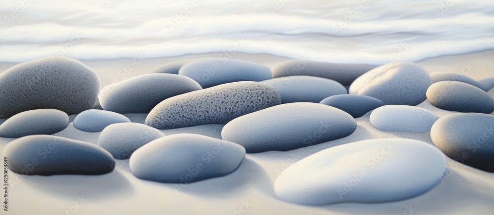 Poster smooth gray pebbles scattered on a sandy beach with gentle waves lapping at the shore creating a ser