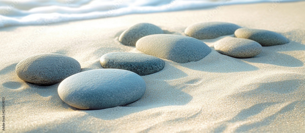 Poster smooth gray sea pebbles scattered on sandy beach shore with gentle waves in the background creating 