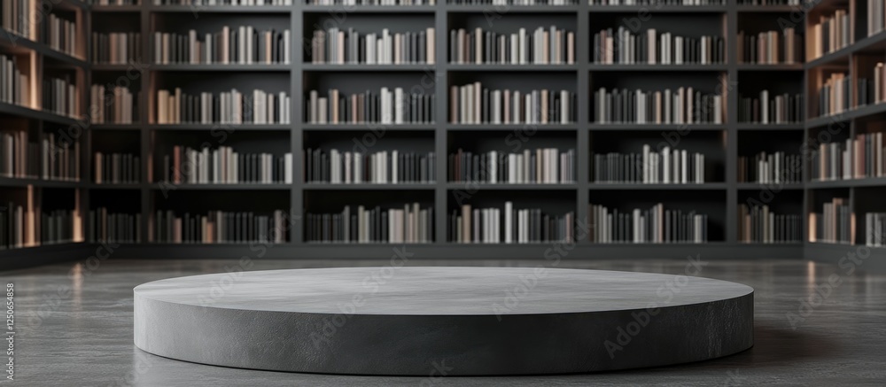 Poster library showcase with gray round platform and desk in front of bookshelves ideal for product promoti