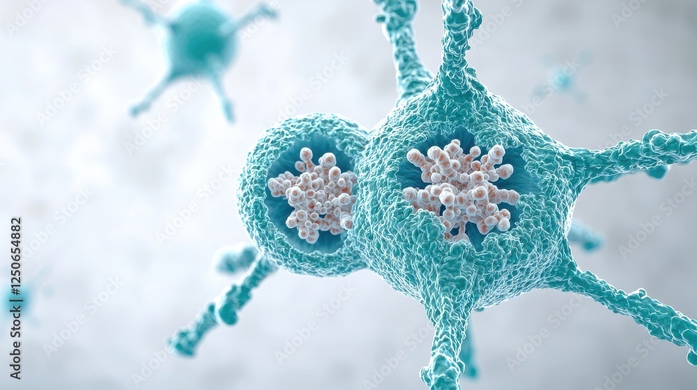 Poster a close-up view of blue cellular structures, showcasing intricate details of cells and their compone
