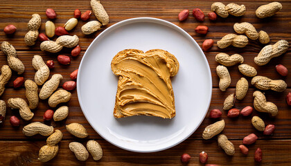 A top view of a slice of toast generously spread with peanut butter on a white plate, surrounded by scattered peanuts in their shells and shelled peanuts on a wooden table.