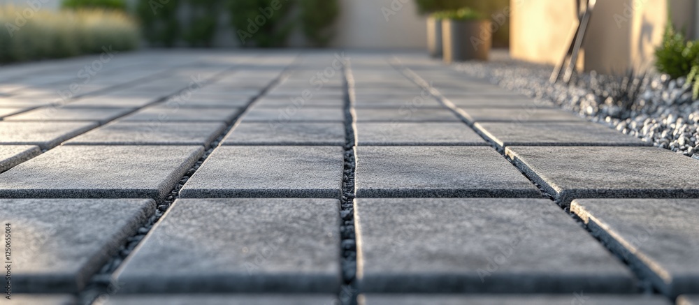 Poster paving blocks in a modern sidewalk installation showcasing textured gray stones and structured layou