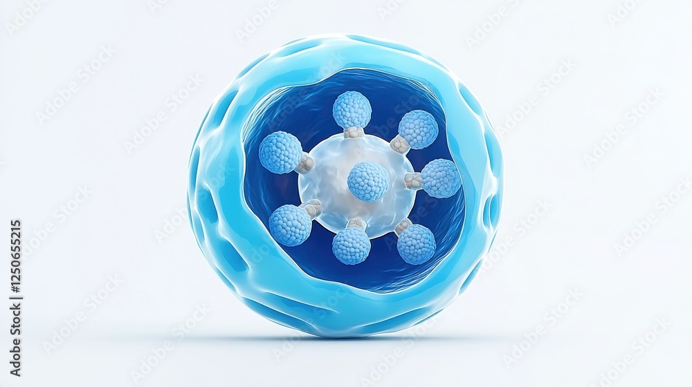 Aufkleber a stylized 3d model of a virus, featuring a spherical shape with blue and white elements, emphasizin