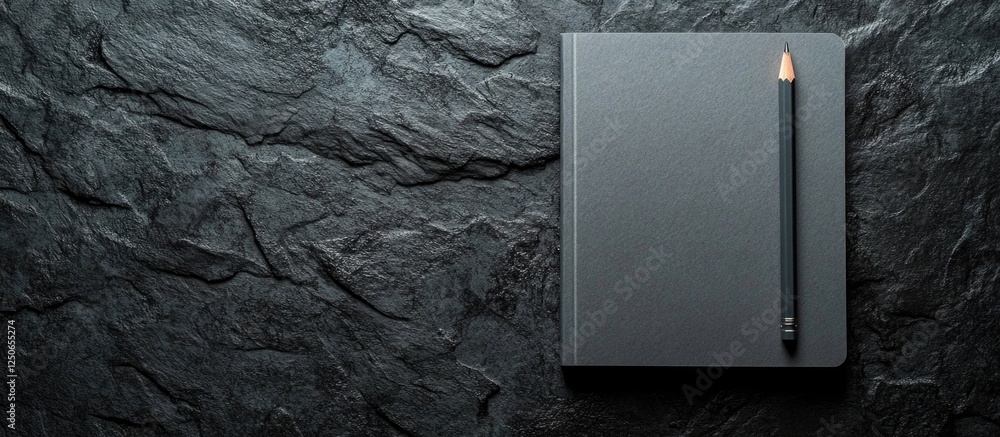 Poster gray notepad and pencil on dark textured background with empty space for personalized messages or cr