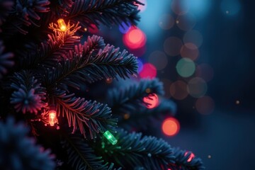 Twinkling multi-colored lights on a dark evergreen tree, tree, magic, fairy lights