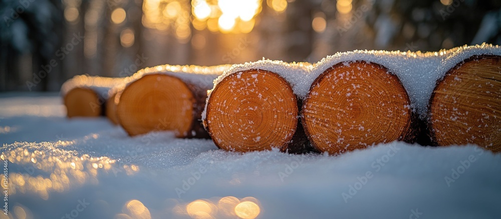 Poster snow-covered logs in serene winter landscape with sunlight filtering through trees creating a warm a
