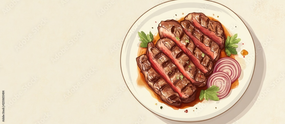 Poster grilled steak with whiskey glaze and onions on plate with empty space for customizable text