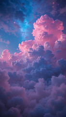 neon pink and deep blue clouds illuminated by ethereal cosmic light, soft glowing mist, and a dreamy starry sky for futuristic and fantasy-themed backgrounds