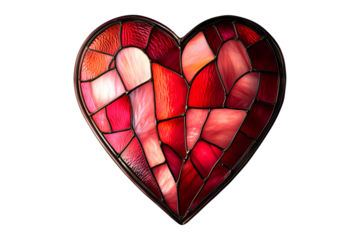 Intricate stained glass heart with red and pink tones, metal framing isolated on white transparent background, symbolizing love, passion, and art
