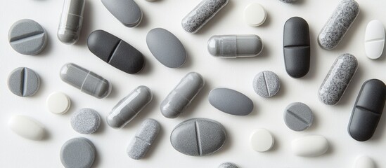 Gray pharmaceutical pills and capsules arranged on a white background illustrating various shapes and sizes for medical or health-related use.