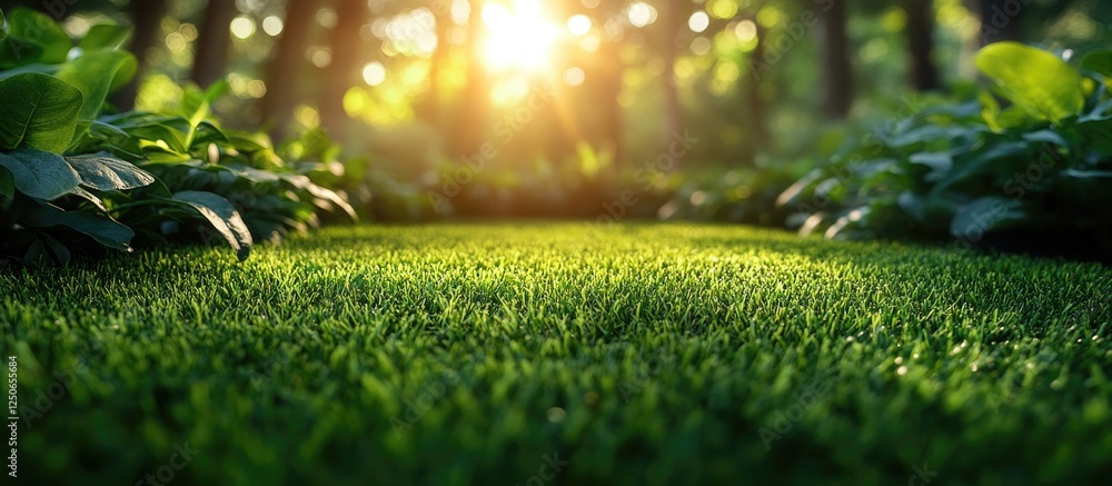 Poster lush green grass landscape with sunlight filtering through trees creating a serene natural backgroun