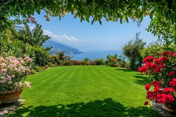Coastal Italian garden lawn, sea view, flowers, tranquility, postcard