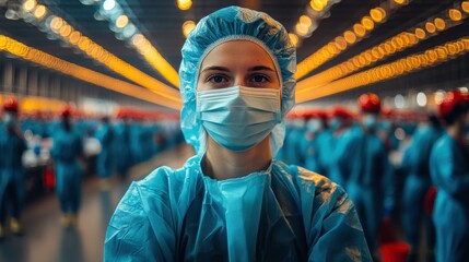 Obraz premium A healthcare worker in protective gear stands confidently amidst a group, symbolizing dedication and resilience in a medical environment.
