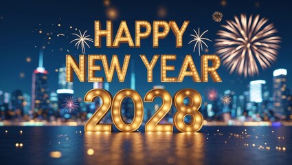 Celebrating New Year 2028 with festive lights and fireworks in a vibrant city skyline at night