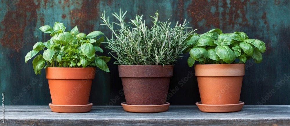 Poster fresh herb display in pots featuring basil and rosemary on wooden table with rustic background ideal