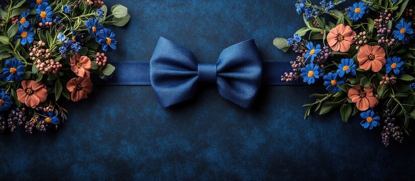 Happy Father's Day Message with Bow Tie Surrounded by Colorful Flowers on Indigo Background
