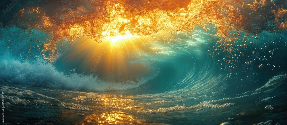 Aufkleber inside view of a majestic breaking wave illuminated by sunlight with vibrant colors and dynamic move