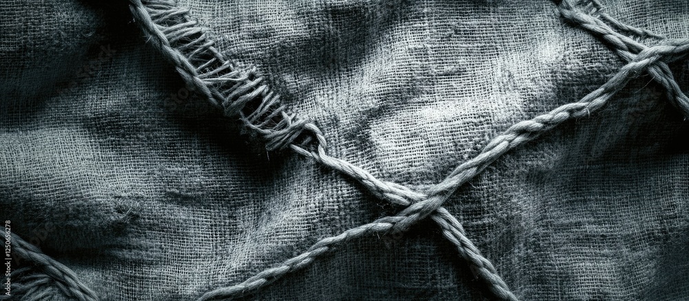 Aufkleber textured gray fabric with cross seams and frayed edges creating a rustic and artistic background for