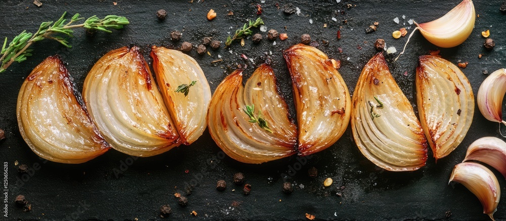Poster grilled onion and garlic slices on dark stone background with seasoning and empty space for culinary