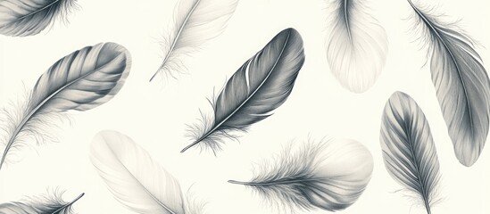 Obraz premium Elegant seamless pattern of delicate gray feathers on a light background ideal for textiles, wallpapers, or artistic designs.