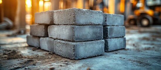 Cement bricks stacked at a construction site with warm natural lighting for industrial use and building projects