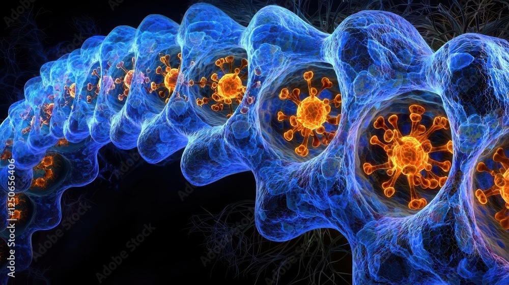 Poster a vibrant, abstract representation of a cellular structure with blue and orange elements, showcasing