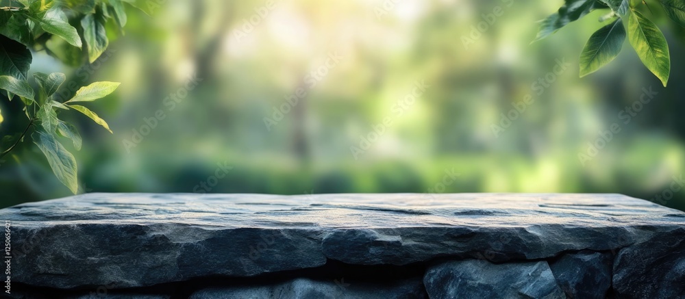 Poster grey stone tabletop on blurred green background ideal for product showcase with ample empty space fo