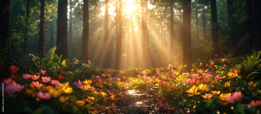 Poster enchanting forest scene with sunlight filtering through trees illuminating colorful flowers and a se