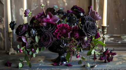 A dark and moody floral arrangement with black dahlias and deep purple roses