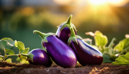 Four vibrant purple eggplants rest on the ground among green leaves in a garden.