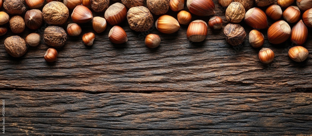 Poster hazelnuts and open shells arranged on a rustic wooden table surface in natural light