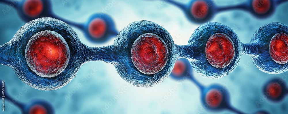 Poster a close-up of interconnected cells, showcasing their structures with prominent red nuclei against a 