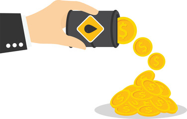 Sale of petroleum products and fuels. Hand holding oil barrel with leaking dollar coins. Lose money from fuel costs. Modern flat vector illustration.

