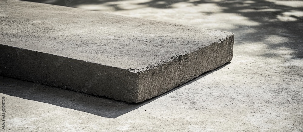 Poster close-up view of a textured gray concrete slab showcasing its surface details and shadows in an outd